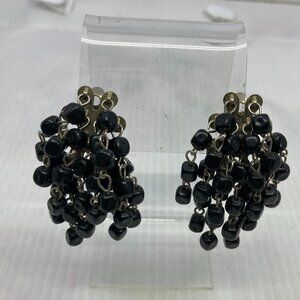 Vtg 1950 mourning black dangle glass beads waterfall gothic steampunk earrings